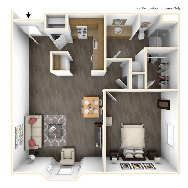 Floor plan for 1 bed, 1 bath, 692 sqft